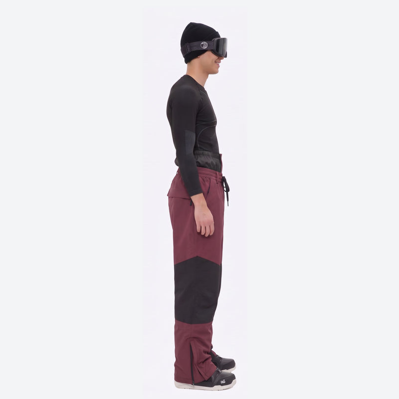 Men's colorblock snowboard jacket and pants - wine and black colorblock pants, for skiing and snowboarding