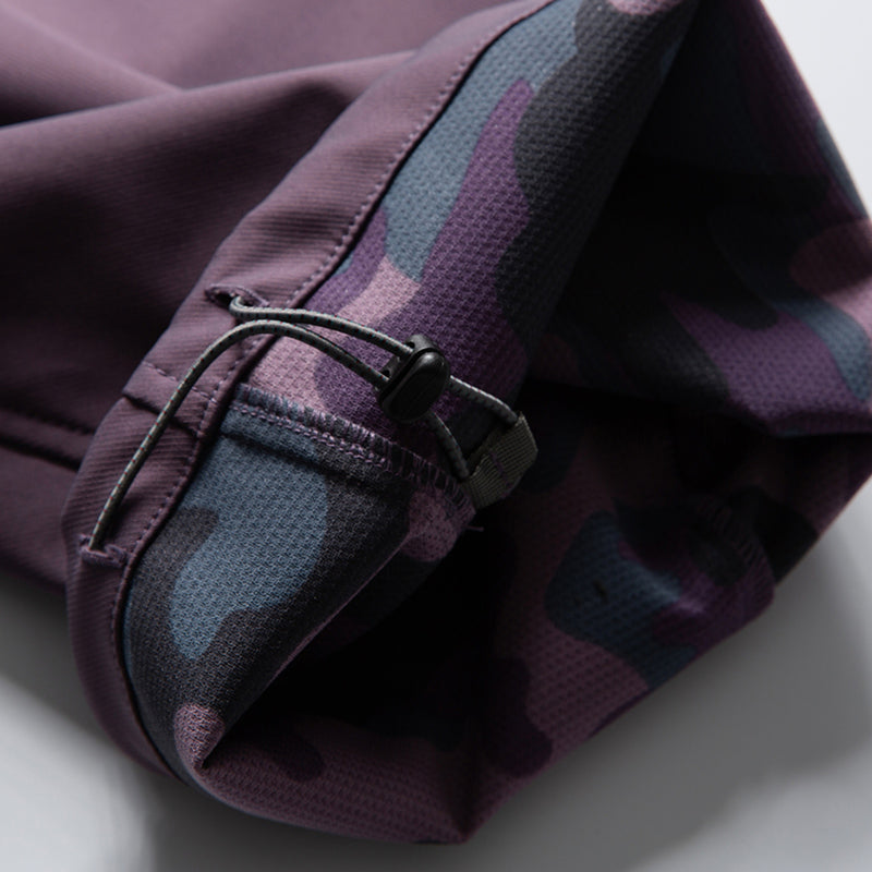 Unisex waterproof softshell jacket and cargo pants - purple, hem interior camo close-up detail, for skiing and snowboarding