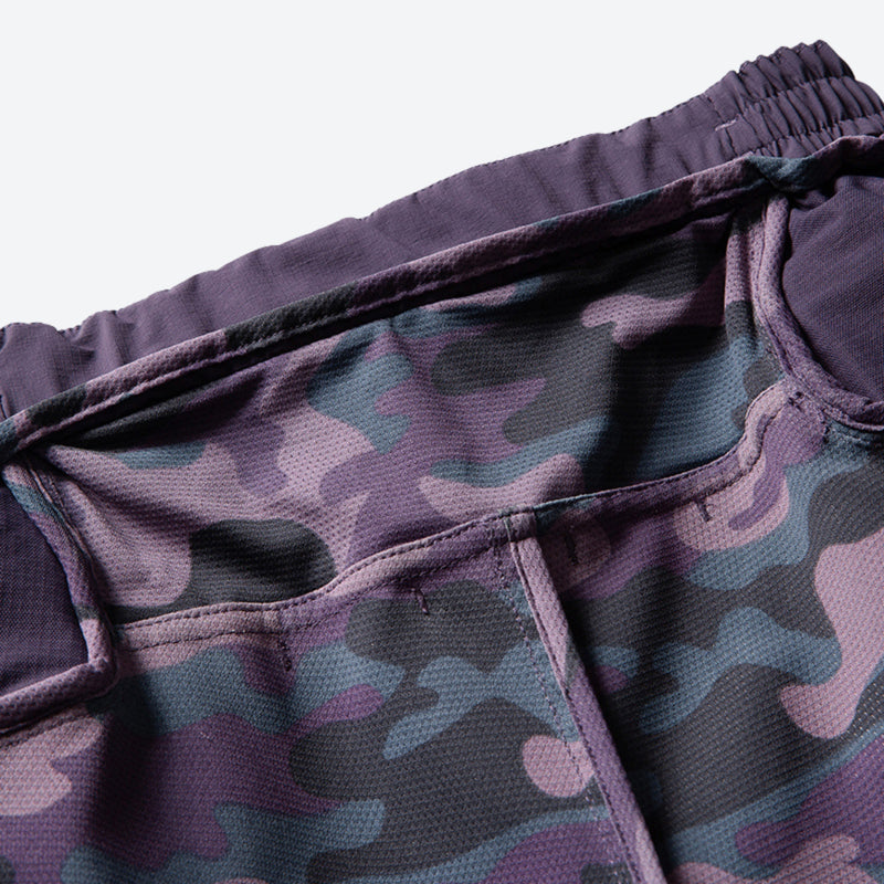 Breathable water-repellent camo softshell set - purple camo pants, waistband close-up detail, for resort and street wear