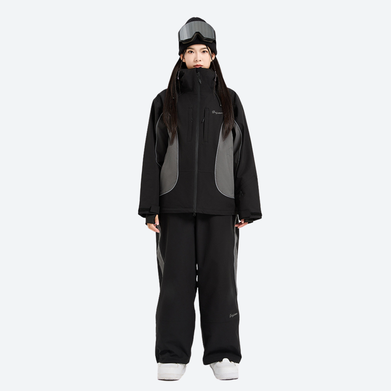 Women's colorblock waterproof snow jacket and pants - black gray jacket with black pants, for cold-weather winter sports
