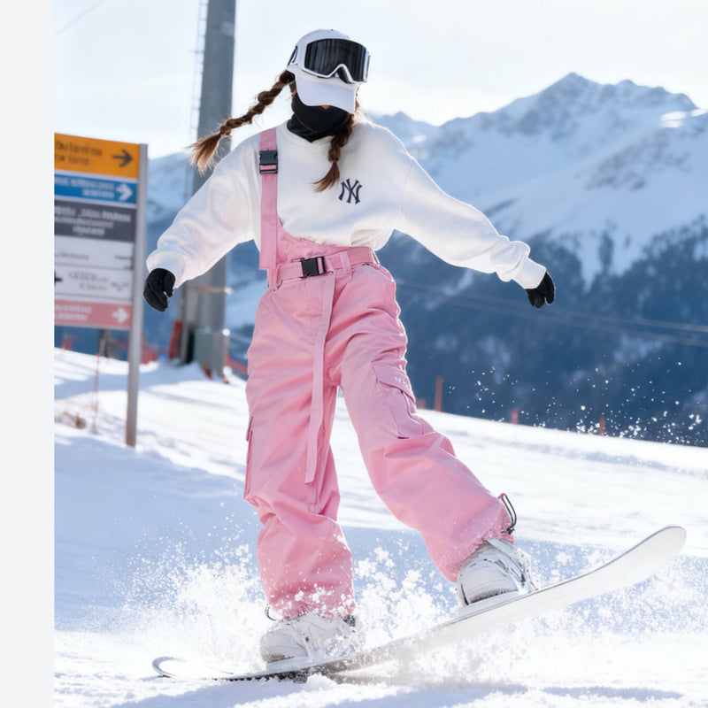 Breathable 3-layer suspender ski pants with cargo pockets - pink bib snow pants, for cold-weather winter sports