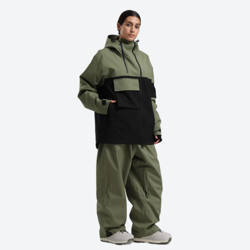 Women's waterproof 2L snow jacket and pants - olive green and black colorblock jacket with olive pants