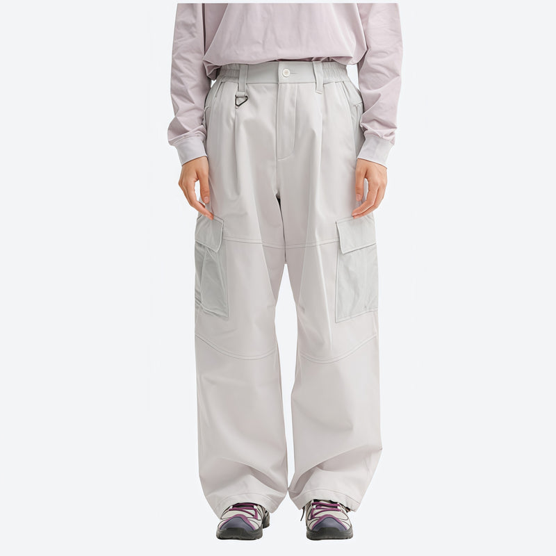 Unisex lightweight softshell outdoor pants - white cargo pants with lavender top, on-model front view, for hiking and travel