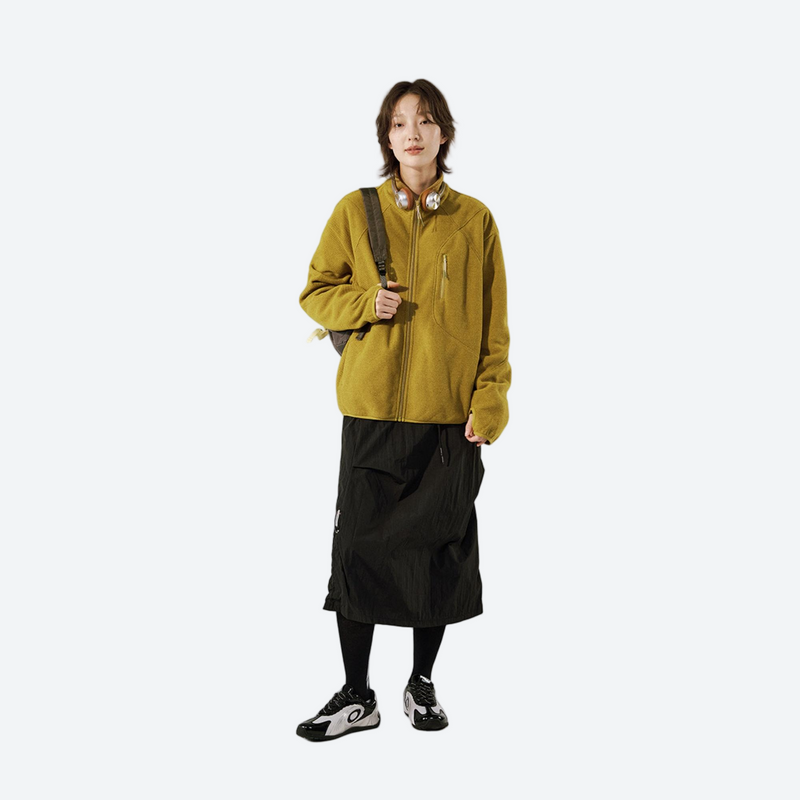 Warm textured fleece jacket with contrast zip - mustard honeycomb fleece jacket on women, for running and outdoor workouts