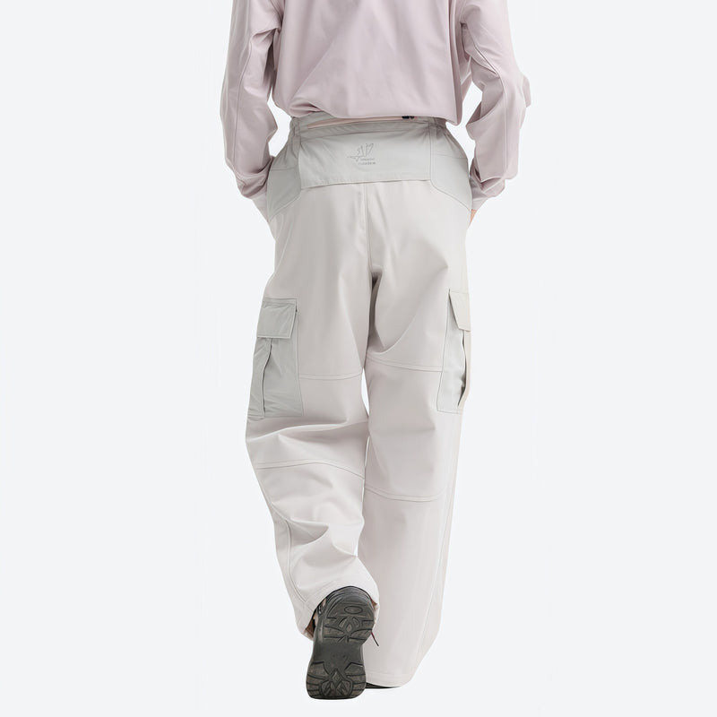 Unisex waterproof softshell jacket and cargo pants - white cargo pants with lavender top, for cold-weather outdoor wear