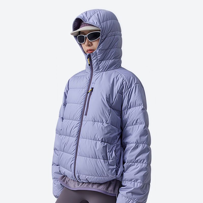 Waterproof duck down hooded jacket - lavender waterproof duck down hooded jacket on women with visor and sunglasses