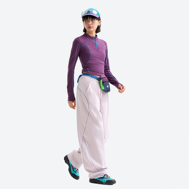 Women's fitted quick-dry breathable tee - purple half-zip long sleeve tee on women with cap, for cycling and commuting
