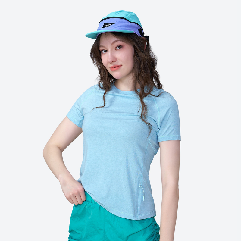 Women's breathable merino wool tee for outdoor - light blue merino wool quick-dry tee with cap, for hiking and trail walking