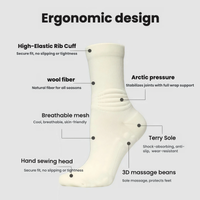 
                  
                    Merino wool socks with 3D massage knit - merino wool socks, ergonomic design infographic, for layering in cool weather
                  
                