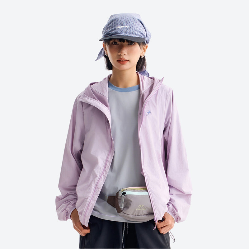 Packable hooded sun jacket for outdoor - lavender sun jacket on women with cap and waist pouch, for hiking and trail walking