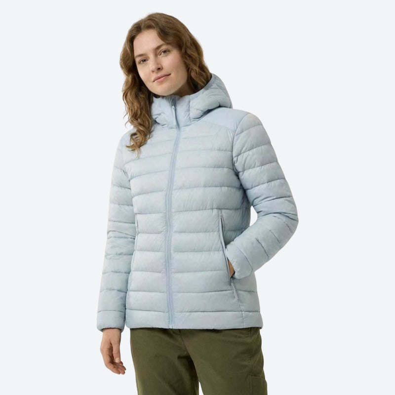Packable insulated down vest with hooded jacket options - light blue hooded down jacket on women, for travel and city walks