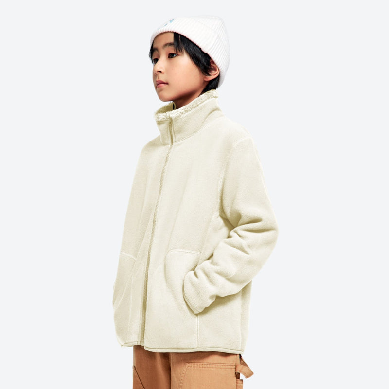 Kids' stand-collar fleece mid-layer jacket - cream kids fleece jacket with stand collar and beanie