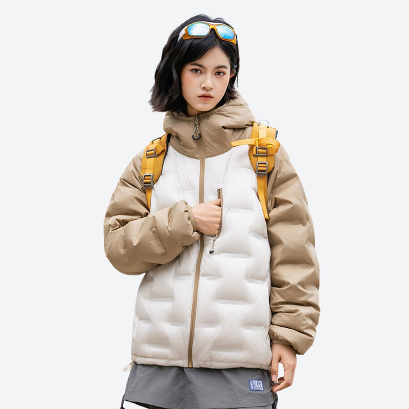 Insulated color-block duck down jacket for mountain - cream khaki color-block duck down jacket on women with sunglasses on he