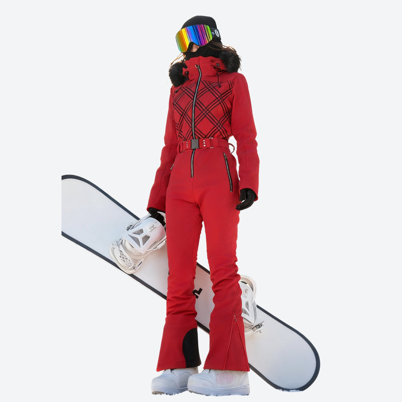 Women's waterproof 3L one-piece snow suit - red one-piece snow suit, for cold-weather winter sports