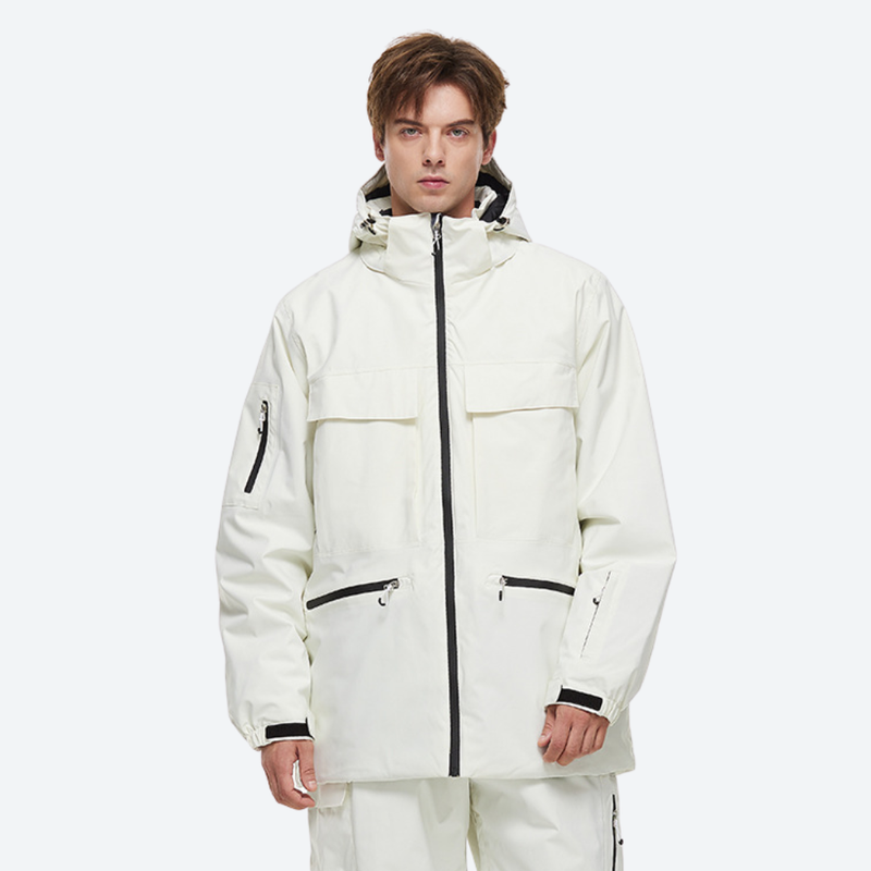 Men's breathable ski jacket with cargo pants - white jacket, on-model front view, for powder days and winter commute