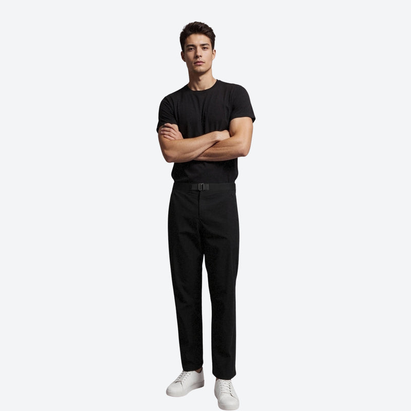 Men's stretch trail pants with straight leg - black slim hiking pants with black tee, for hiking and trail walking