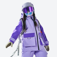 
                  
                    Kids waterproof 2L snow jacket and pants series - lavender kids jacket, on-model front view, for cold-weather winter sports
                  
                