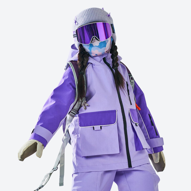 Kids waterproof 2L snow jacket and pants series - lavender kids jacket, on-model front view, for cold-weather winter sports