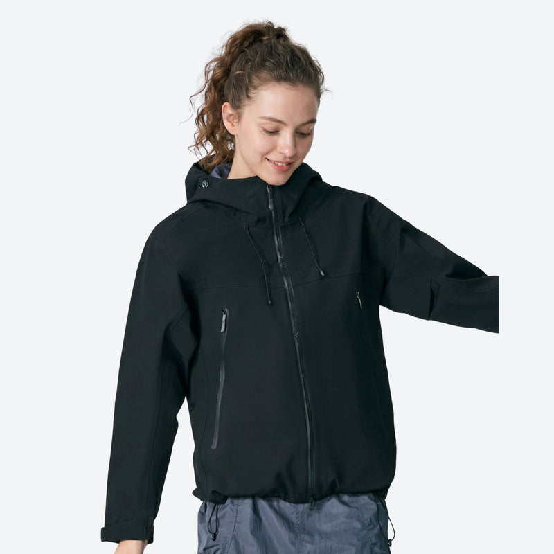 Unisex packable snowboard rain jacket with vents - black hardshell jacket, for resort and street wear