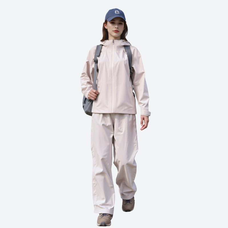 Women's waterproof 3L hardshell hiking jacket - cream hardshell jacket, walking with backpack, for cold-weather outdoor wear