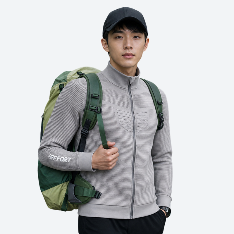 3D channel full-zip baselayer jacket - light gray 3D channel full-zip baselayer on men with backpack