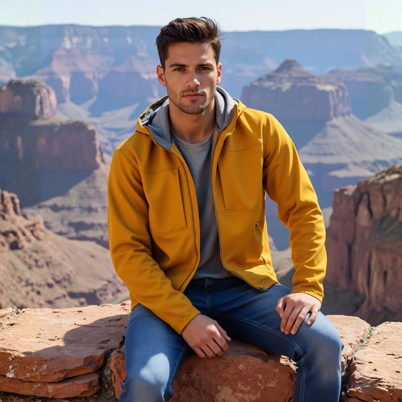 Men's waterproof windproof softshell jacket - mustard softshell jacket, for cold-weather outdoor wear