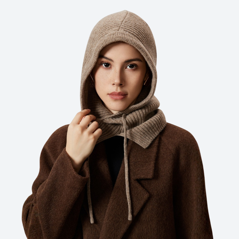 Cocoon 100 percent merino wool knitted balaclava - camel knitted merino wool balaclava with drawcord, front product view