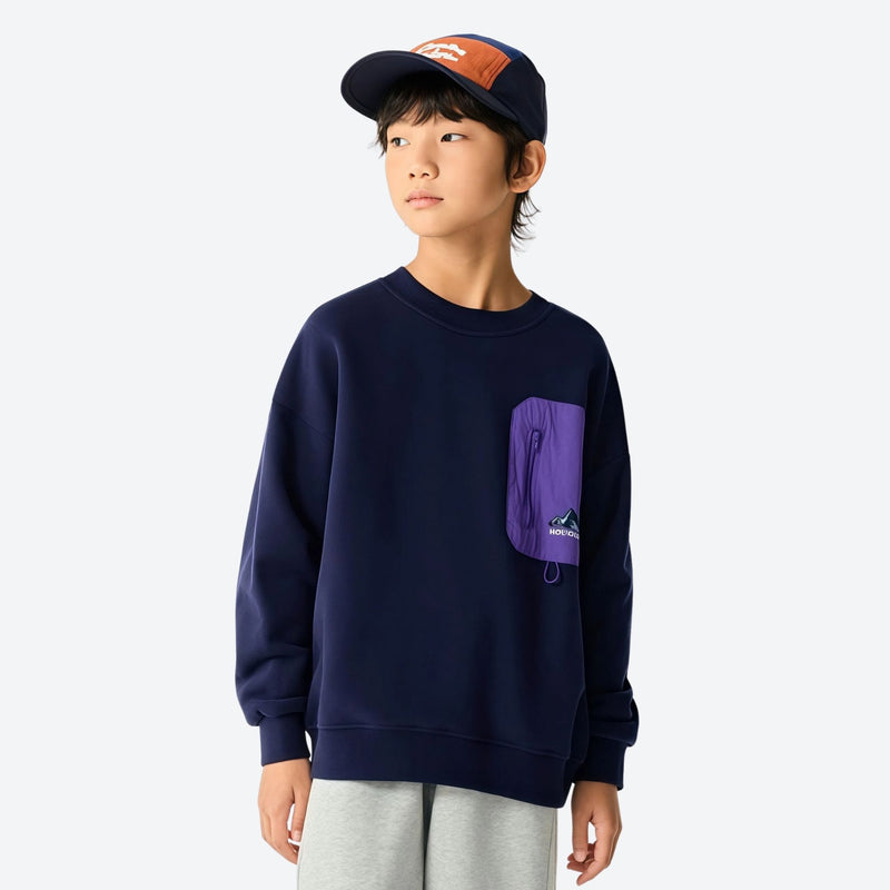 Kids' soft warm fleece sweatshirt with anti-static finish - navy kids fleece sweatshirt with purple pocket and cap