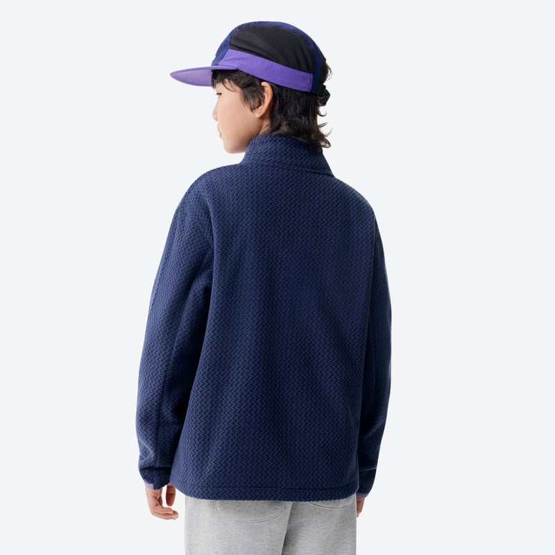 Kids' wavy fleece texture mid-layer jacket - navy wavy fleece kids mid-layer jacket with purple pocket and cap