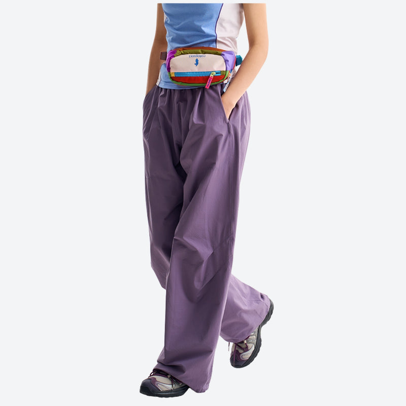 Unisex quick-dry water-repellent hiking pants - purple wide-leg hiking pants with blue waist belt, for warm-weather trekking