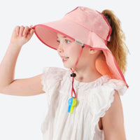 
                  
                    Foldable kids sun hat with cartoon neck flap - pink kids sun hat on girl, worn side view, for travel and city walks
                  
                