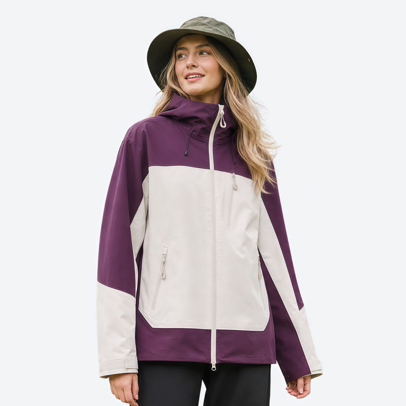 Unisex waterproof 3L 3-in-1 hardshell jacket - purple white colorblock jacket, for cold-weather outdoor wear