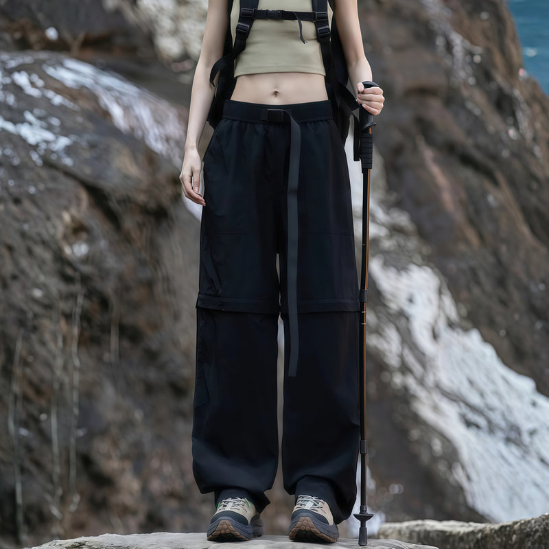 Women's zip-off convertible hiking pants - black zip-off hiking pants with olive top, for warm-weather trekking