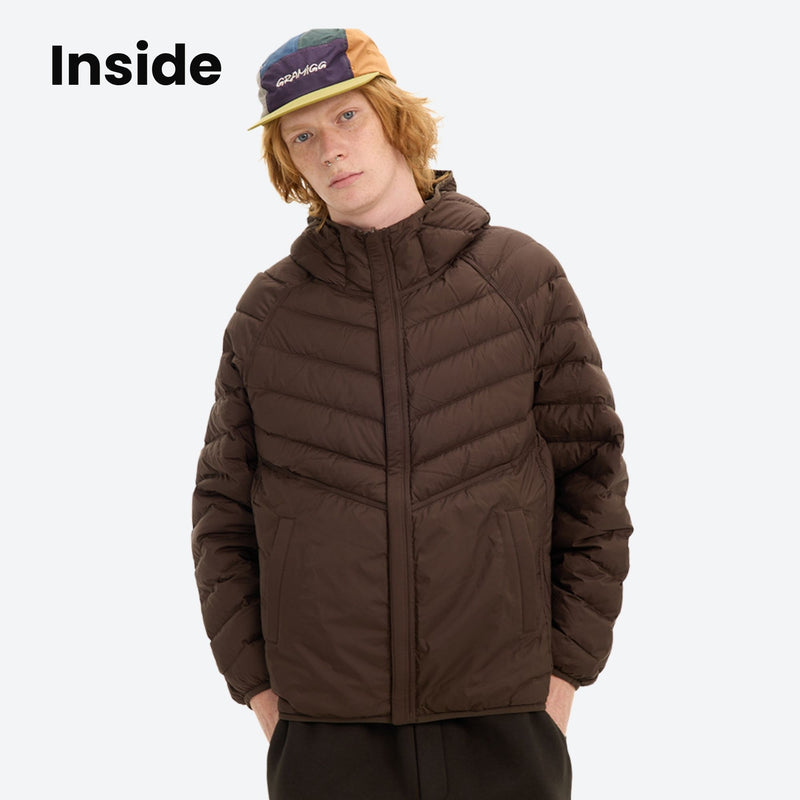 90 goose down reversible hooded jacket - brown 90 goose down reversible jacket on men with cap, for layering in cold weather