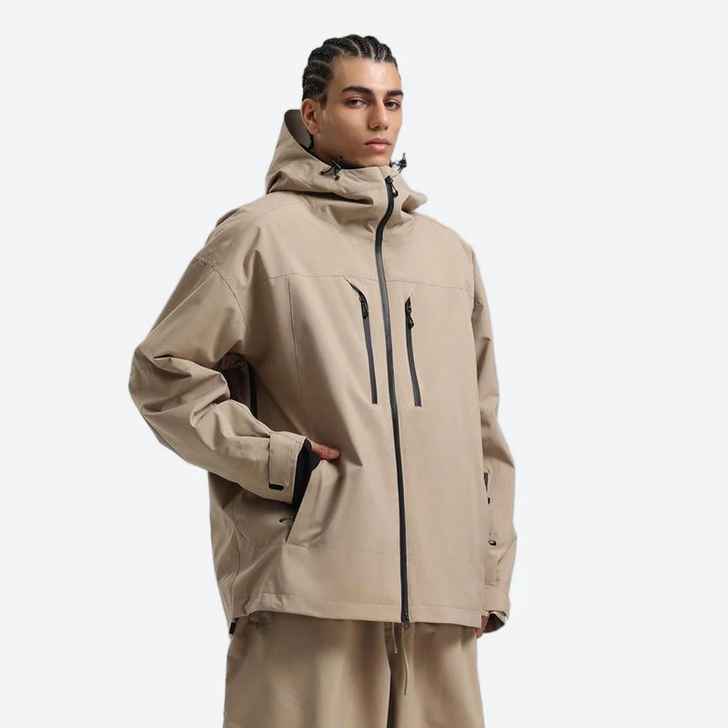 Men's breathable ski jacket with chest zip pockets - tan jacket, for skiing and snowboarding