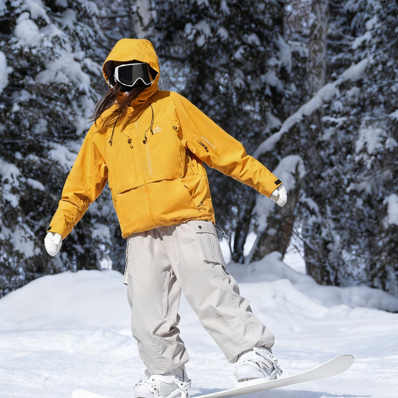 Women's breathable ski jacket and anorak set - mustard yellow anorak jacket with white pants, for cold-weather winter sports