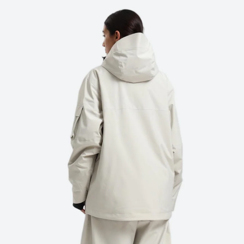 Women's colorblock ski pullover set - cream, on-model back hood view, for powder days and winter commute