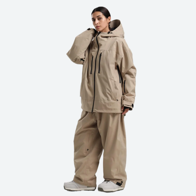 Women's breathable ski jacket with chest zip pockets - tan jacket with tan pants, for resort and street wear