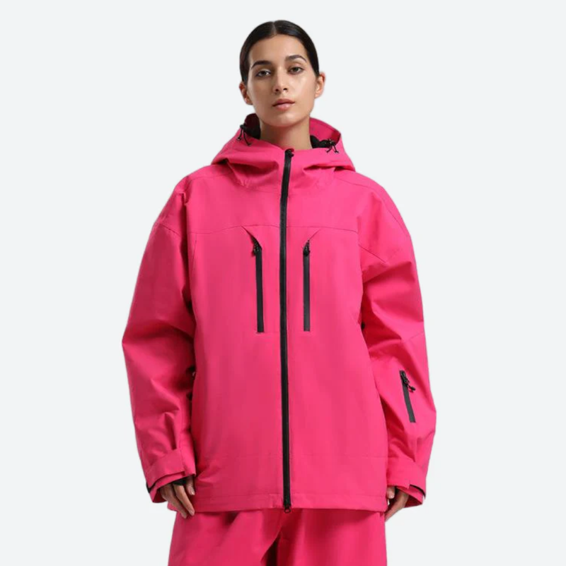 Women's 2-layer snowboard jacket and wide-leg pants - pink jacket, on-model front view, for cold-weather winter sports