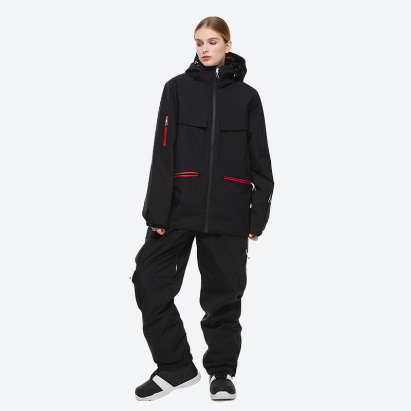 Women's breathable ski jacket in candy colors - black jacket with black pants, for cold-weather winter sports