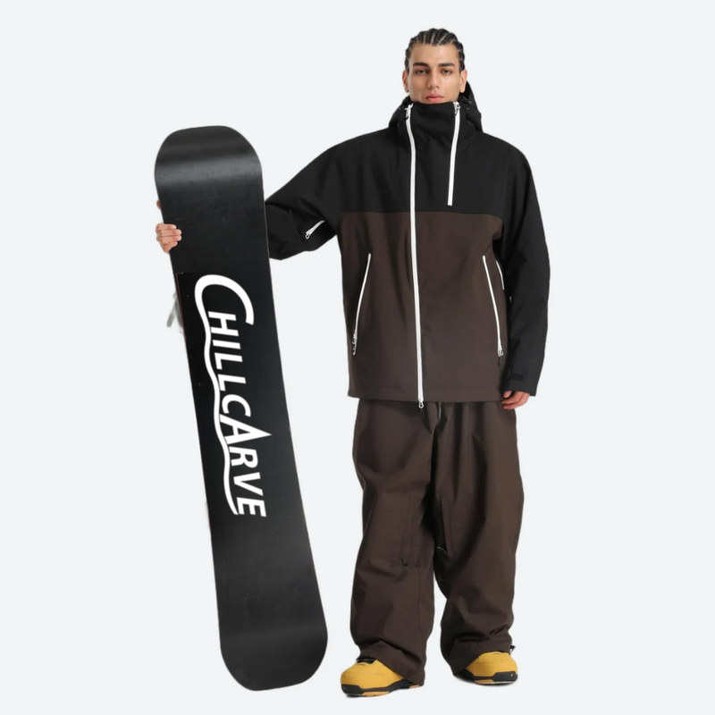 Men's waterproof 2L pullover snow jacket and pants - black and coffee brown colorblock, 2-layer waterproof breathable shell