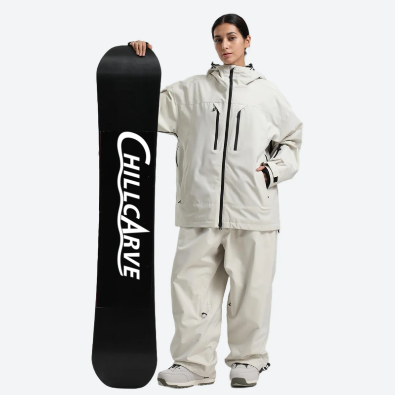 Women's 2-layer snowboard jacket and wide-leg pants - white jacket with white pants, for cold-weather winter sports