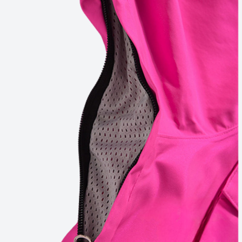Women's 2-layer snowboard jacket and pants - pink, hood interior mesh close-up detail, for resort and street wear