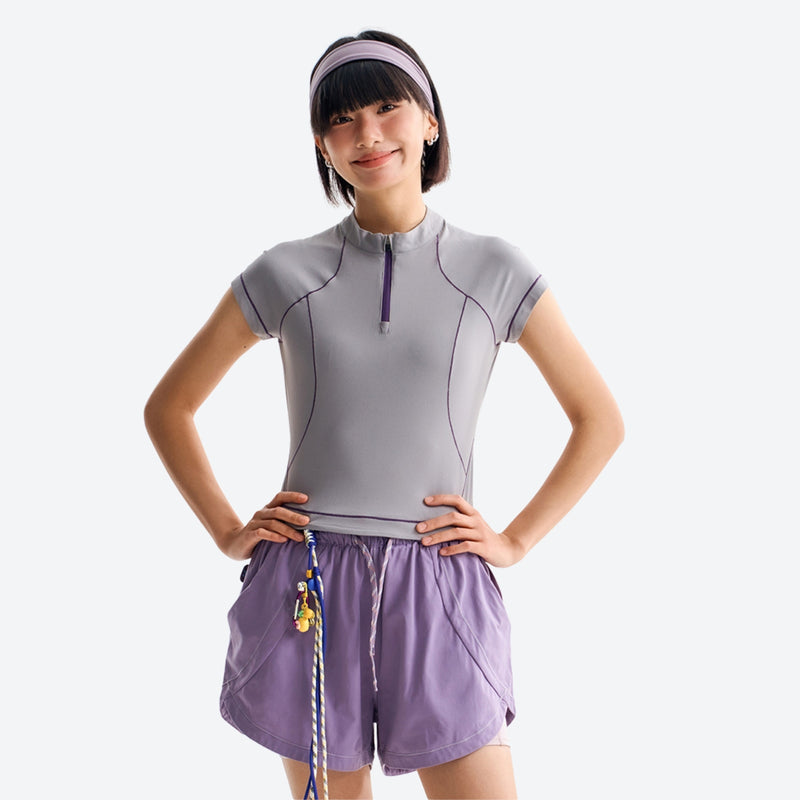 Women's wrinkle-resistant half-zip top - light gray half-zip short sleeve tee on women, for hiking and trail walking