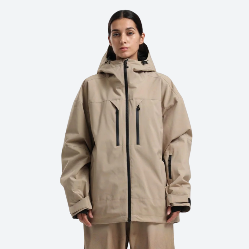 Women's 2-layer snowboard jacket and wide-leg pants - tan jacket, on-model front view, for resort and street wear