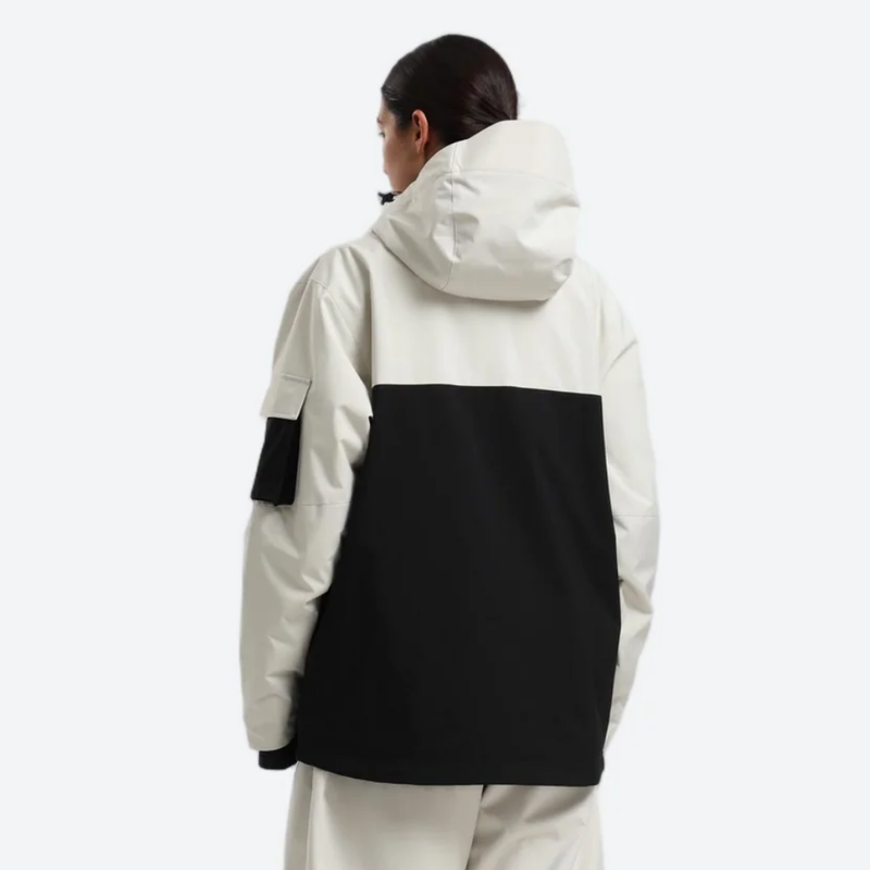 Women's waterproof 2L snow jacket and pants - cream and black colorblock, for skiing and snowboarding