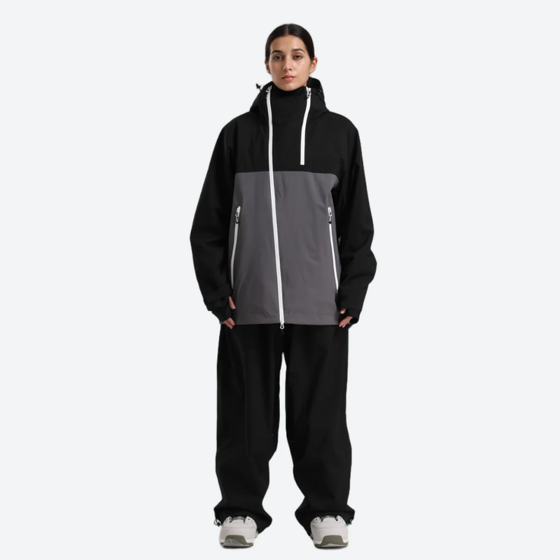 Women's waterproof 2L snow jacket and pants - black and gray colorblock jacket with black pants