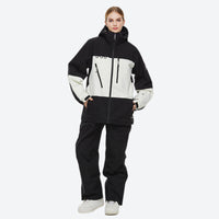 
                  
                    Unisex snowboard jacket and bibs set - black and white colorblock jacket with black pants, for cold-weather winter sports
                  
                