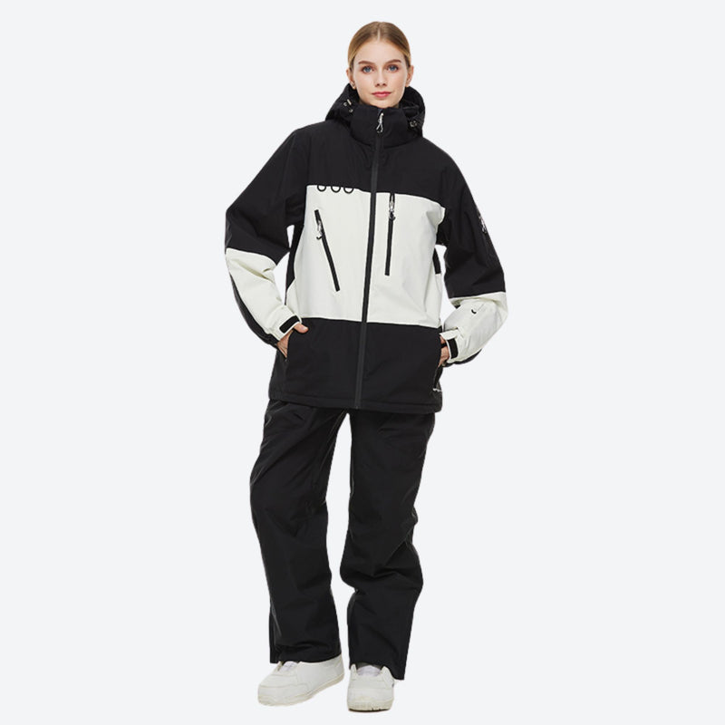Unisex snowboard jacket and bibs set - black and white colorblock jacket with black pants, for cold-weather winter sports