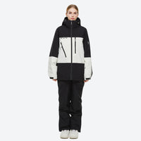 
                  
                    Unisex snowboard jacket and bibs set - black and white colorblock jacket with black pants, for skiing and snowboarding
                  
                